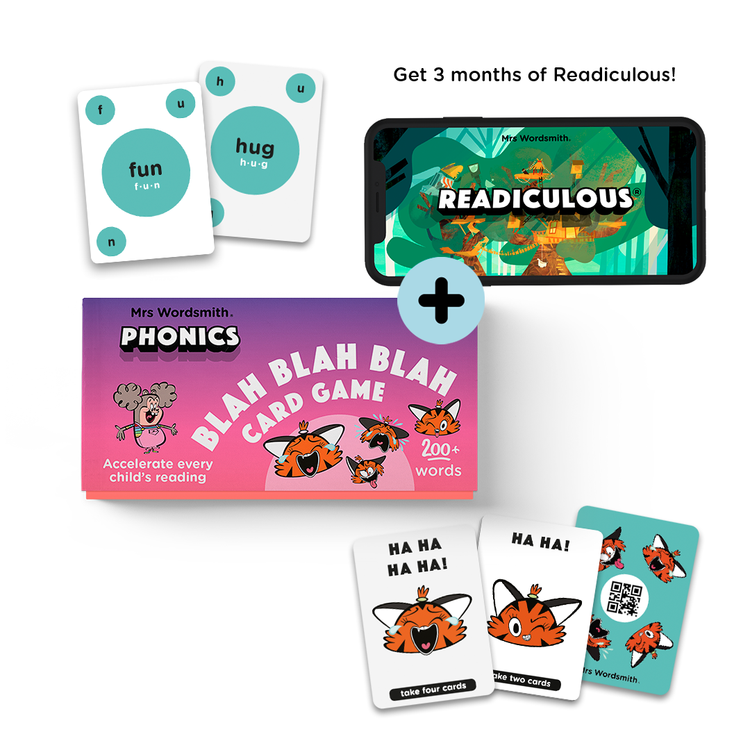 Mrs Wordsmith Phonics BLAH BLAH BLAH card game and Readiculous PDP mockups