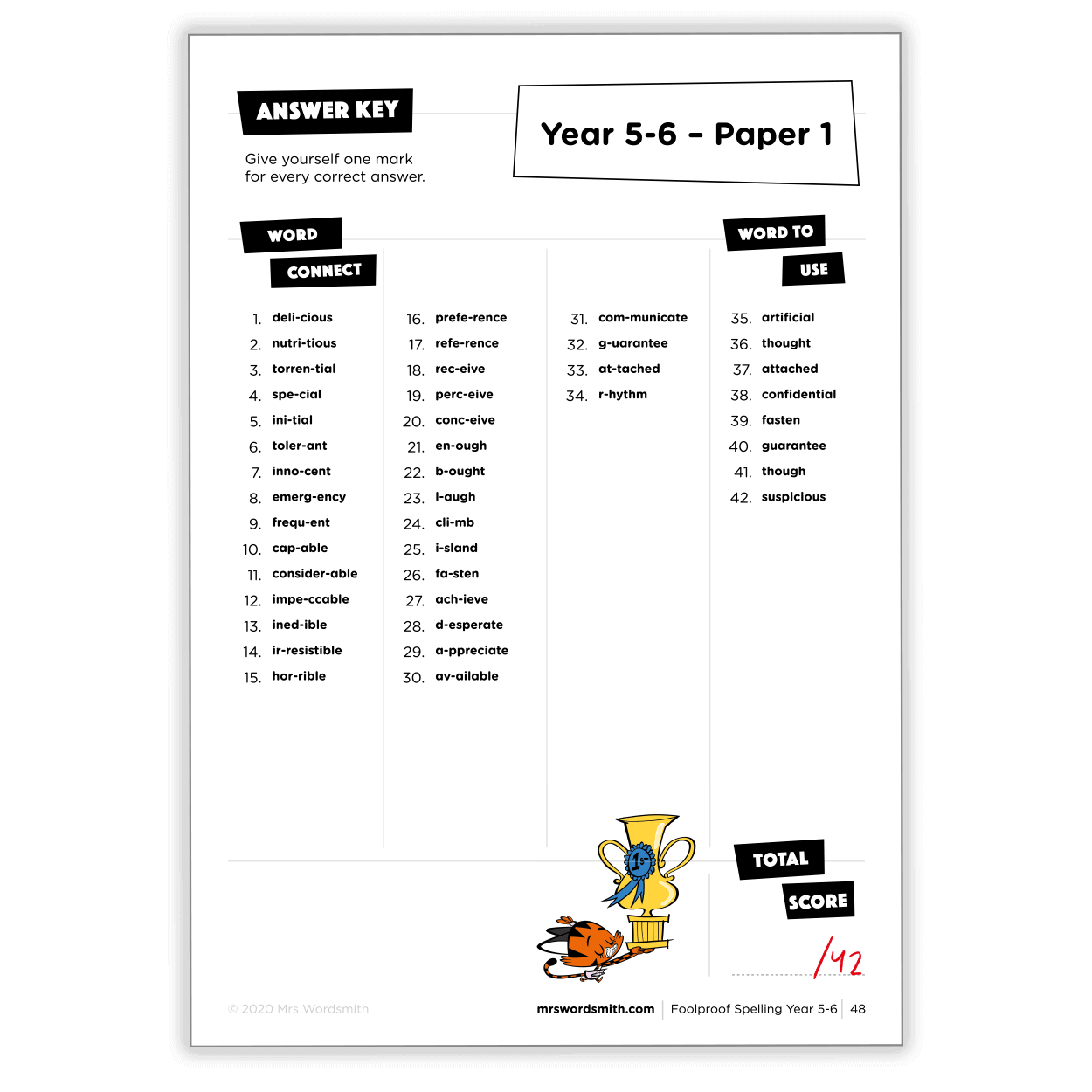 Year 5-6 Spelling Paper 1 Answer Key