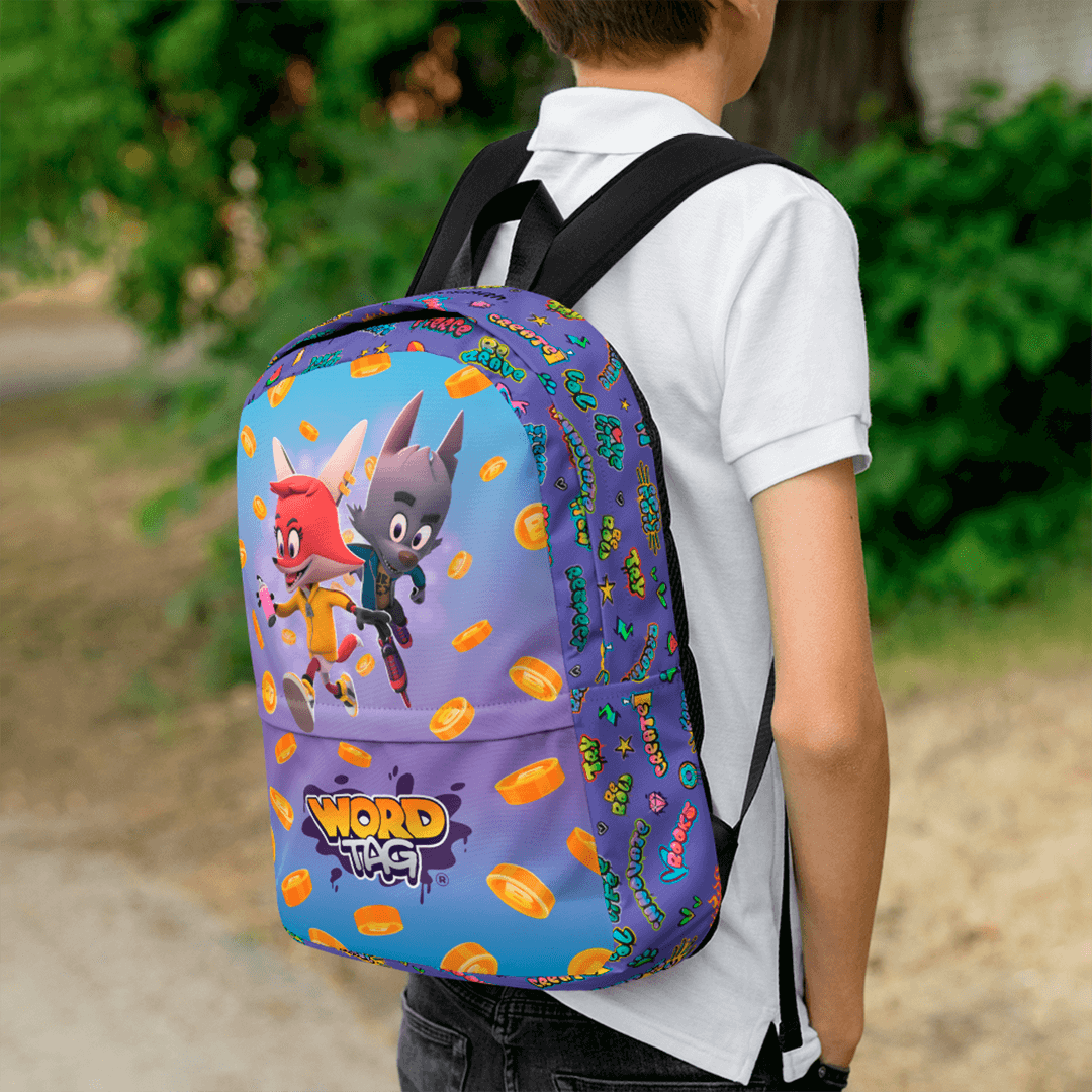 Wordtag backpack mock with cartoon design