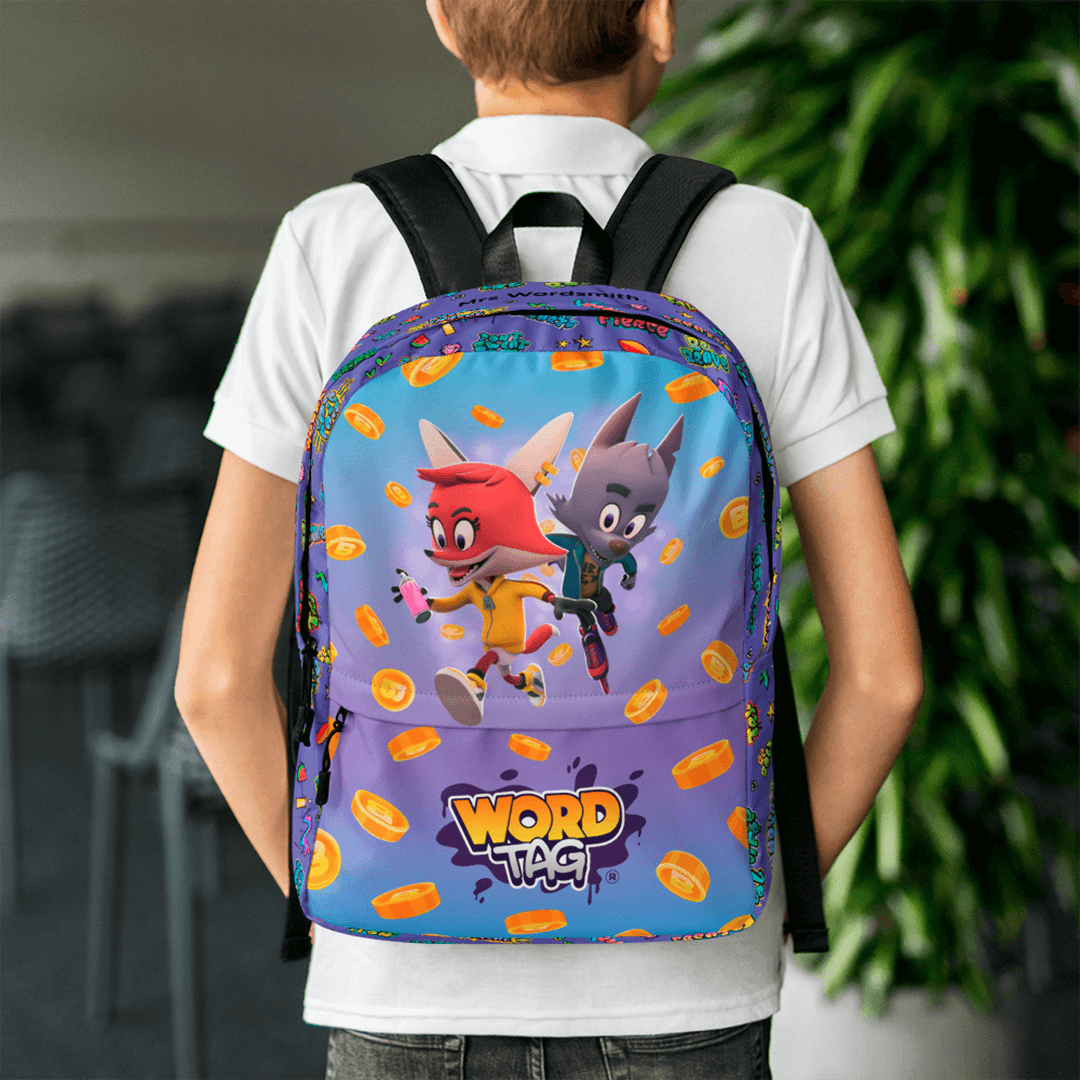 Word Tag backpack with cartoon characters