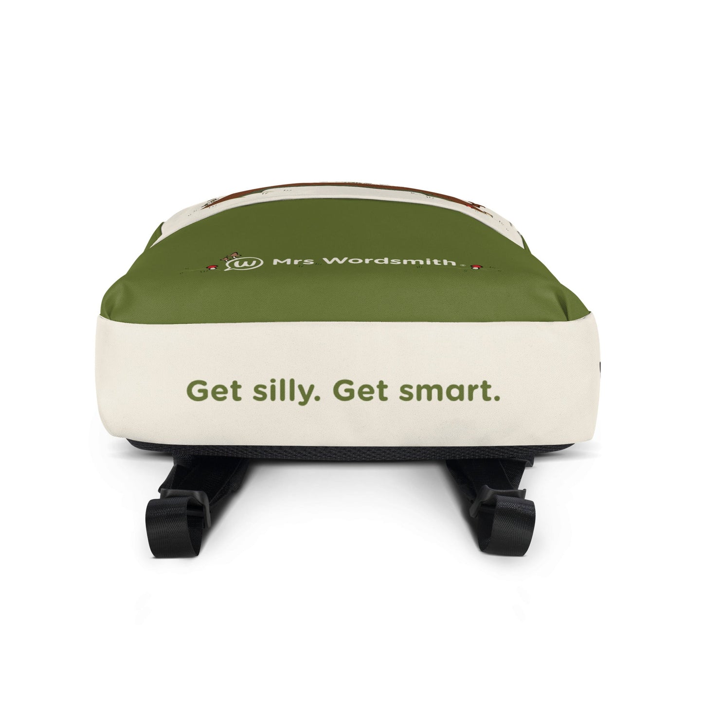All-over print backpack with Get silly. Get smart. slogan.
