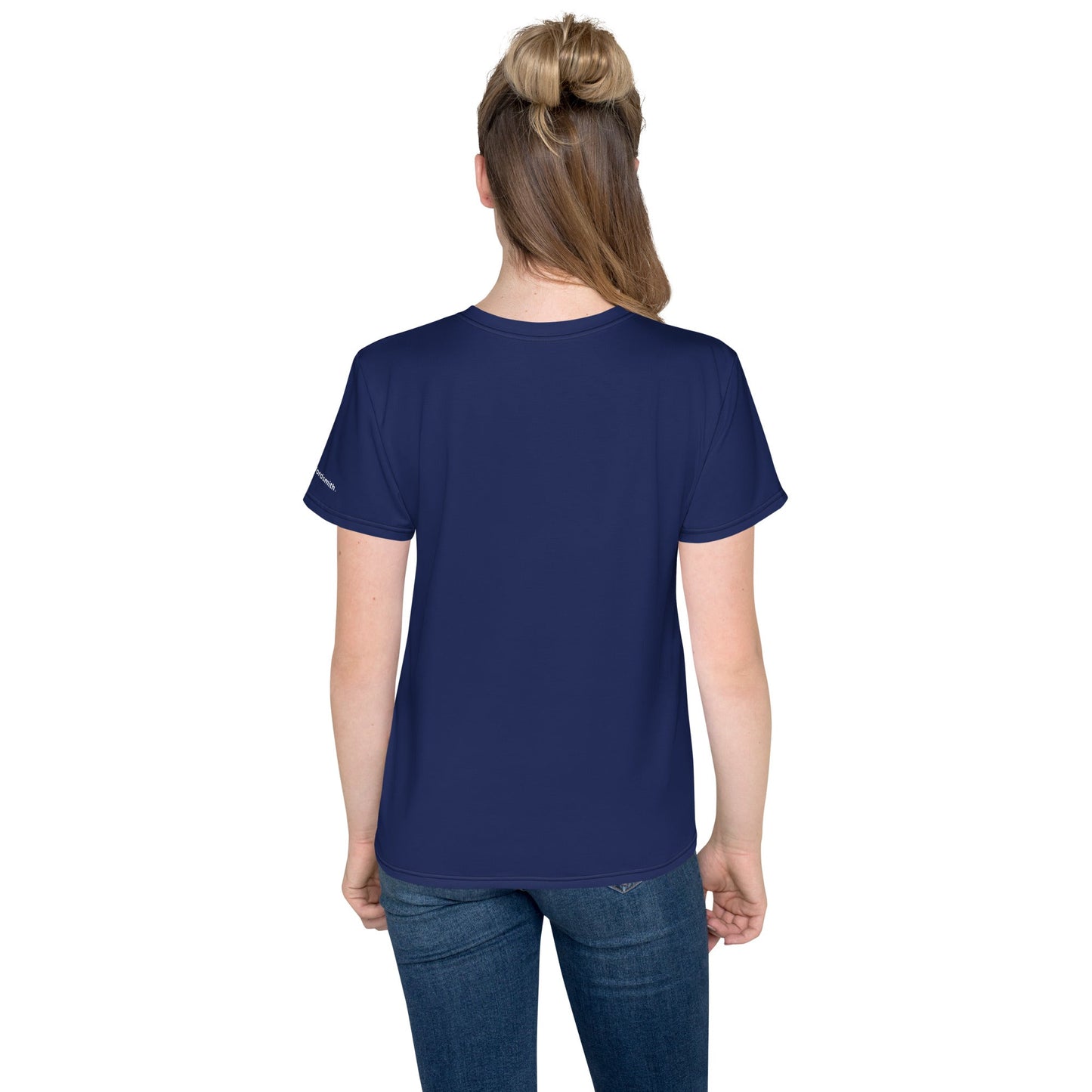 Youth crew neck t-shirt - back view, white all-over print