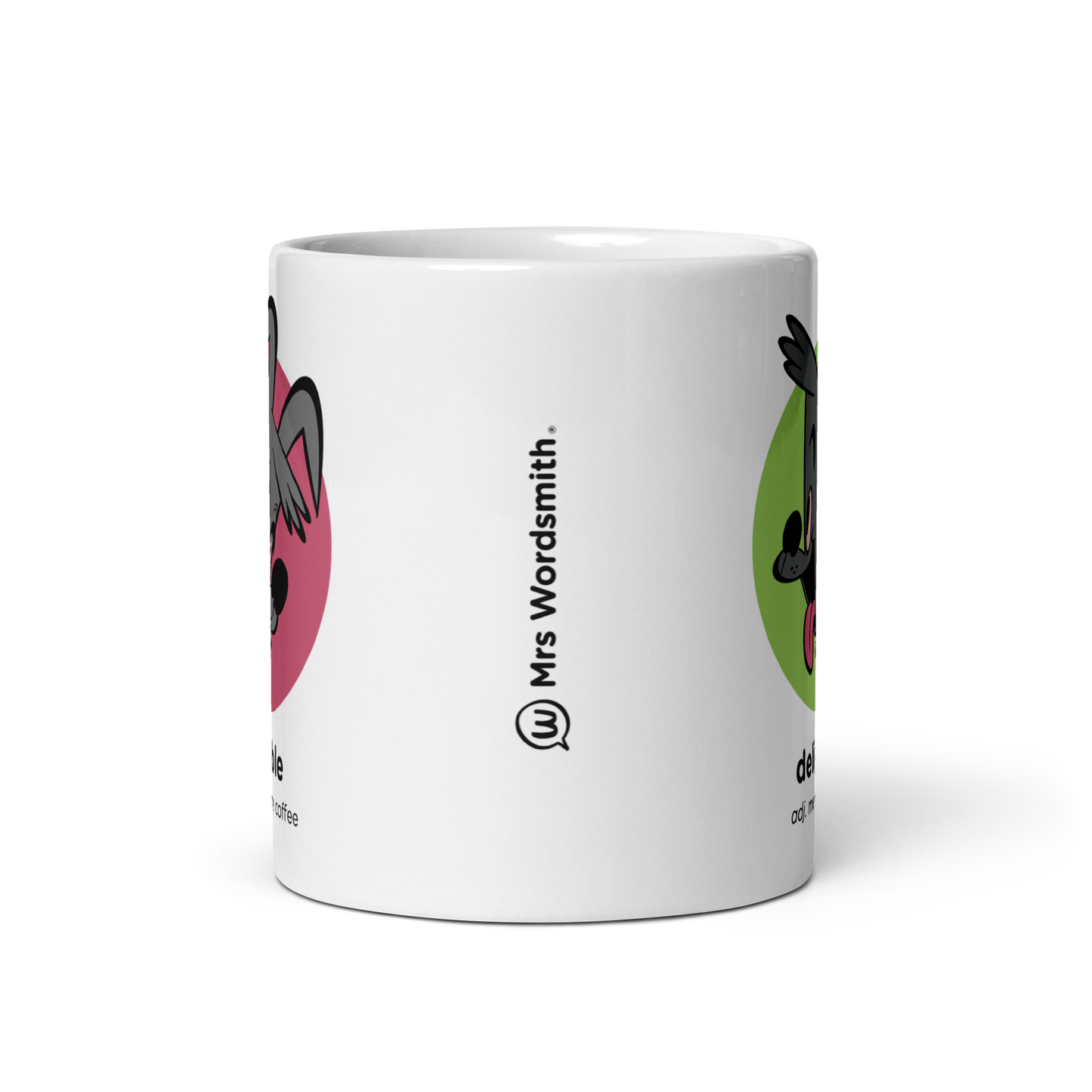 White glossy 11oz mug with cartoon design - front view