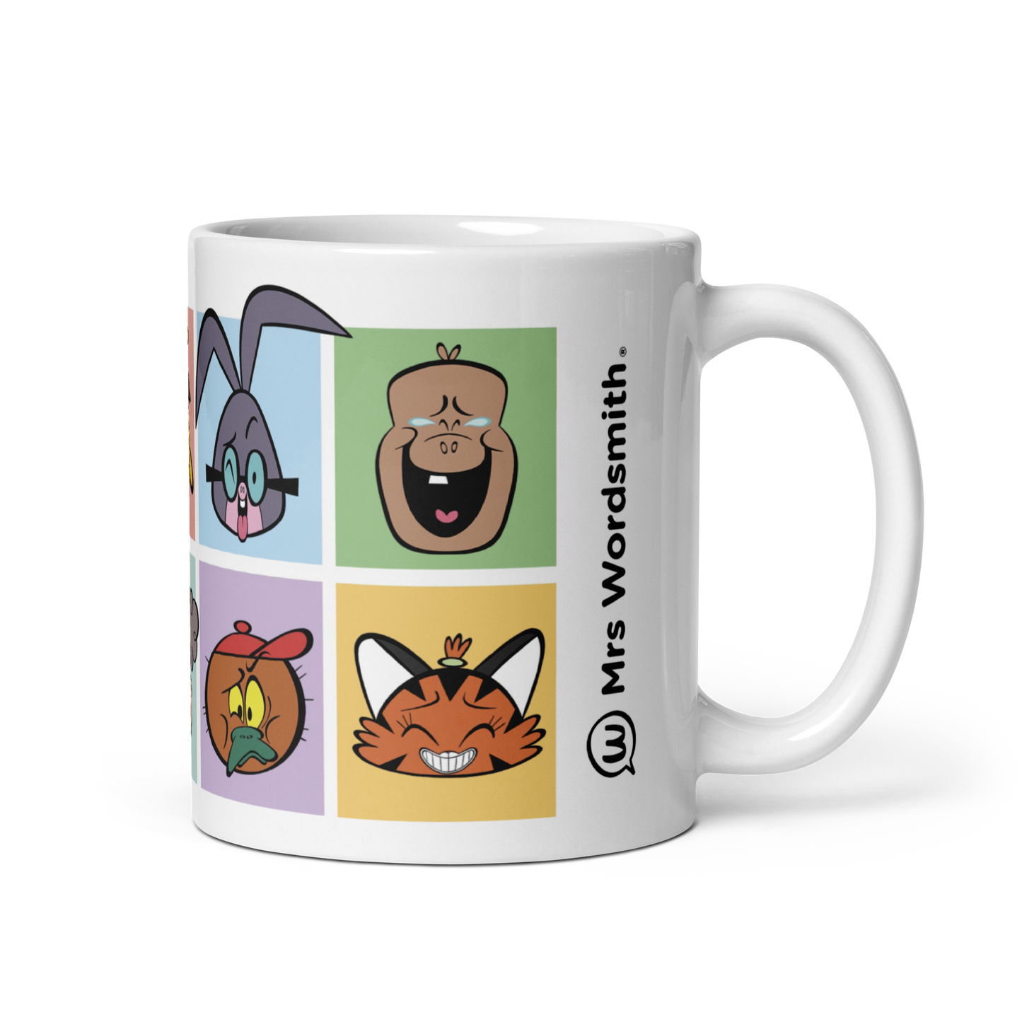 White glossy 11oz mug with cartoon faces, handle on right.