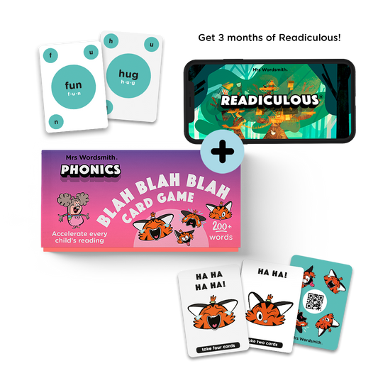 Mrs Wordsmith Phonics BLAH BLAH BLAH card game and Readiculous PDP mockups