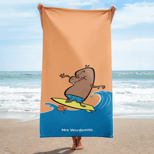 Beach towel with cartoon surfer