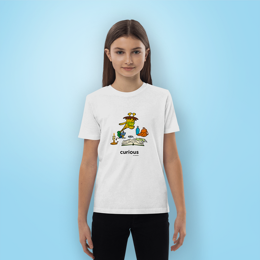Curious Kids T-shirt with cartoon graphic, white, worn by girl