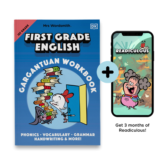 First Grade English Workbook & Readiculous App Mockup