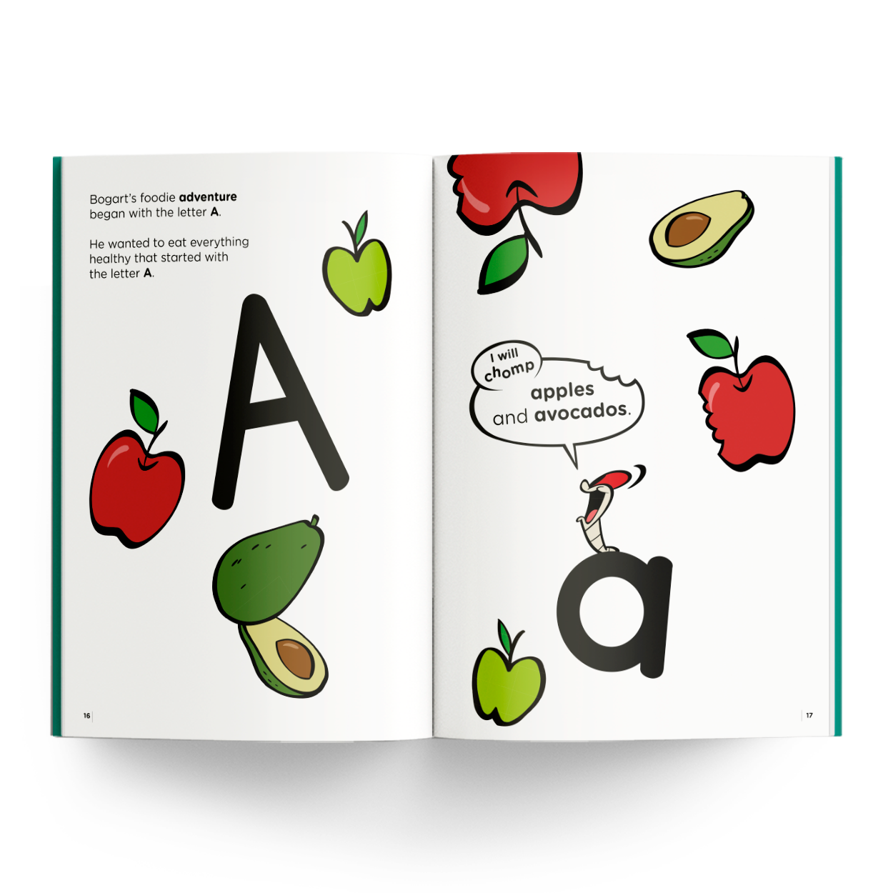 ABCHandwriting book page with letter A, apples, and avocados