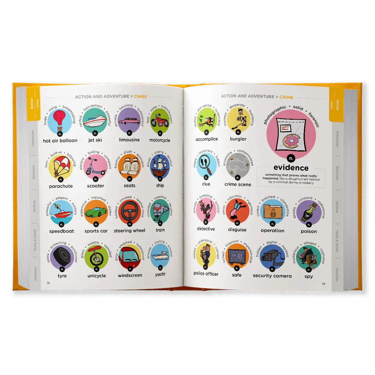 Open book with action and adventure illustrations.