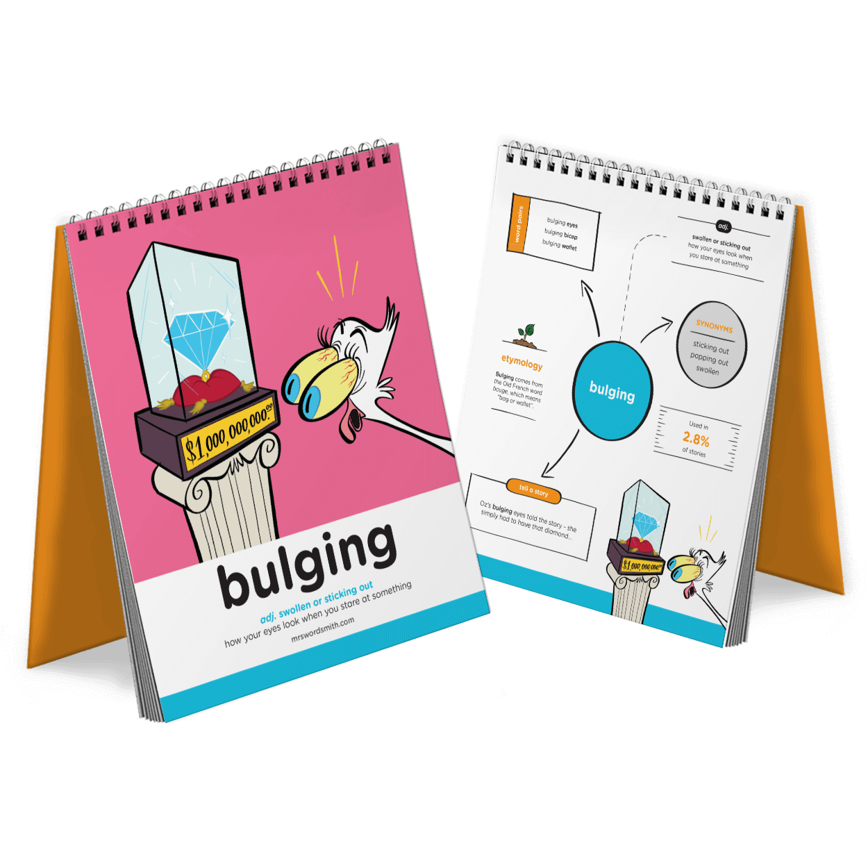Bulging vocabulary word cards.