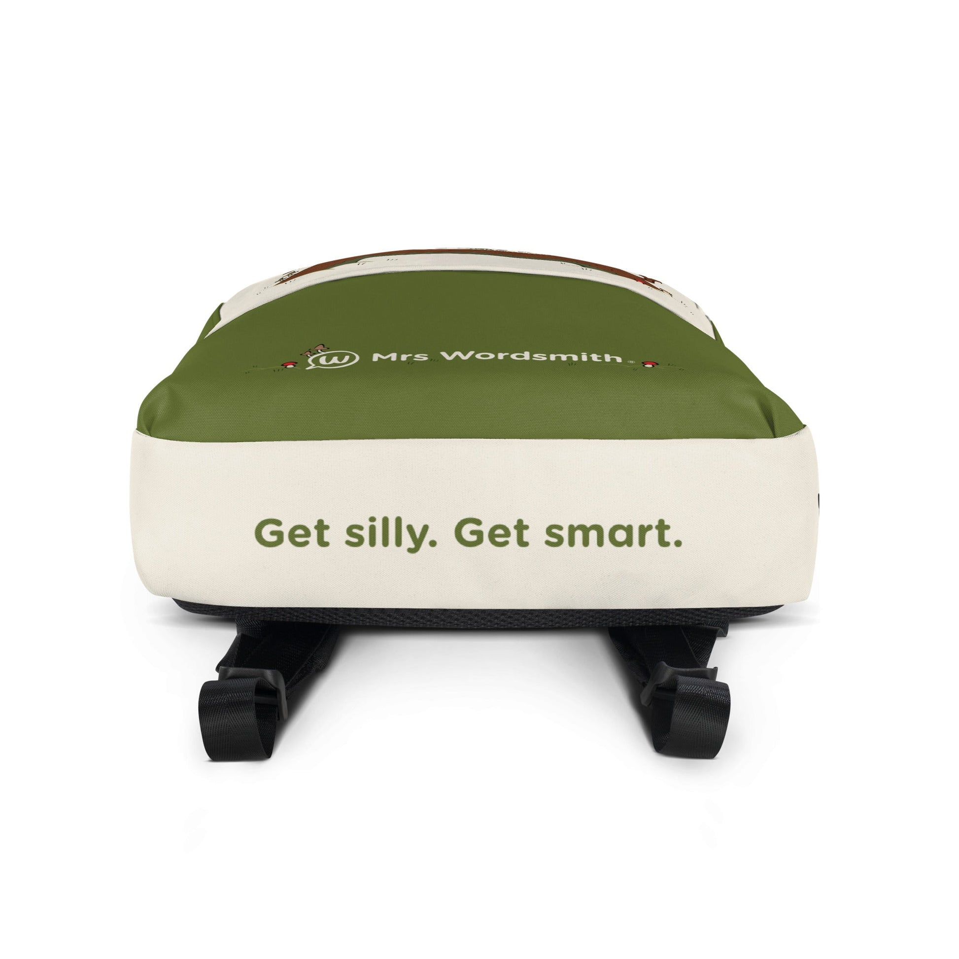 All-over print backpack with Get silly. Get smart. slogan.