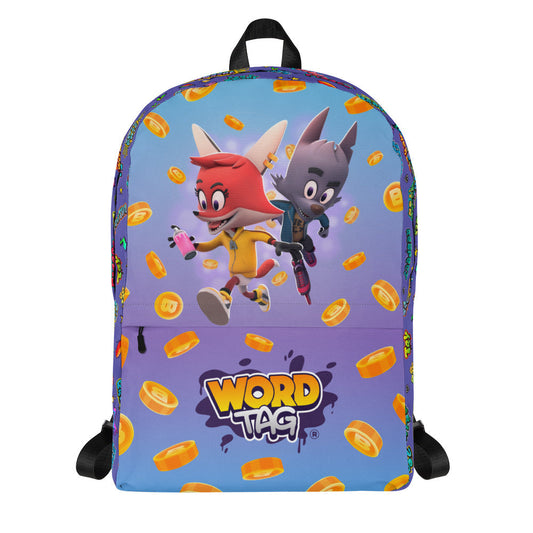 Word Tag backpack with all-over print and characters on white front.