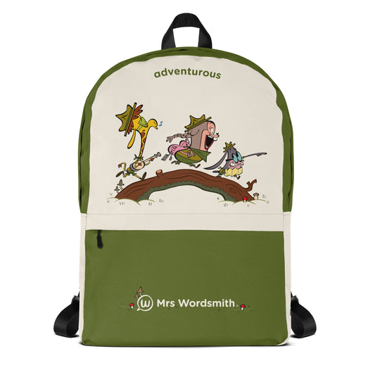 All-over print backpack with adventurous cartoon characters.