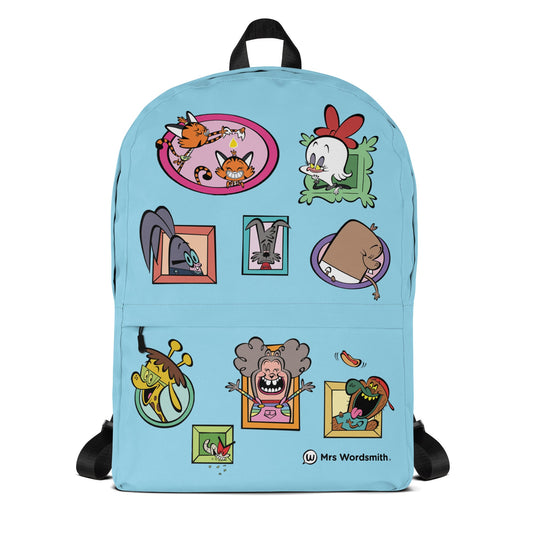 White front all-over-print backpack with cartoon characters.