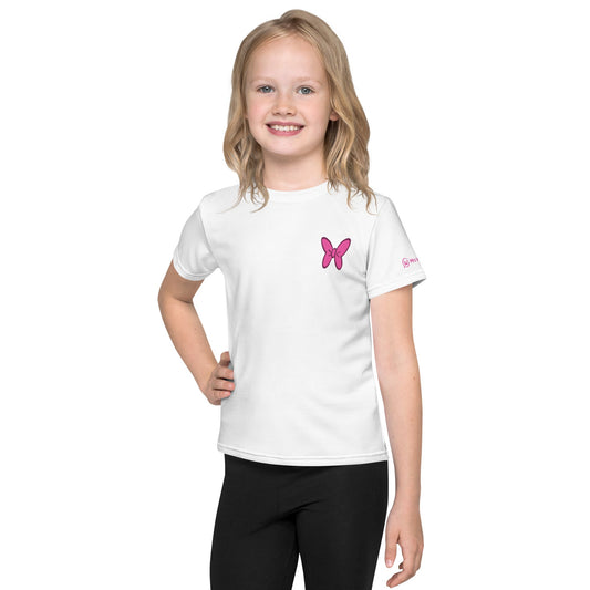 White kids crew neck t-shirt with pink butterfly