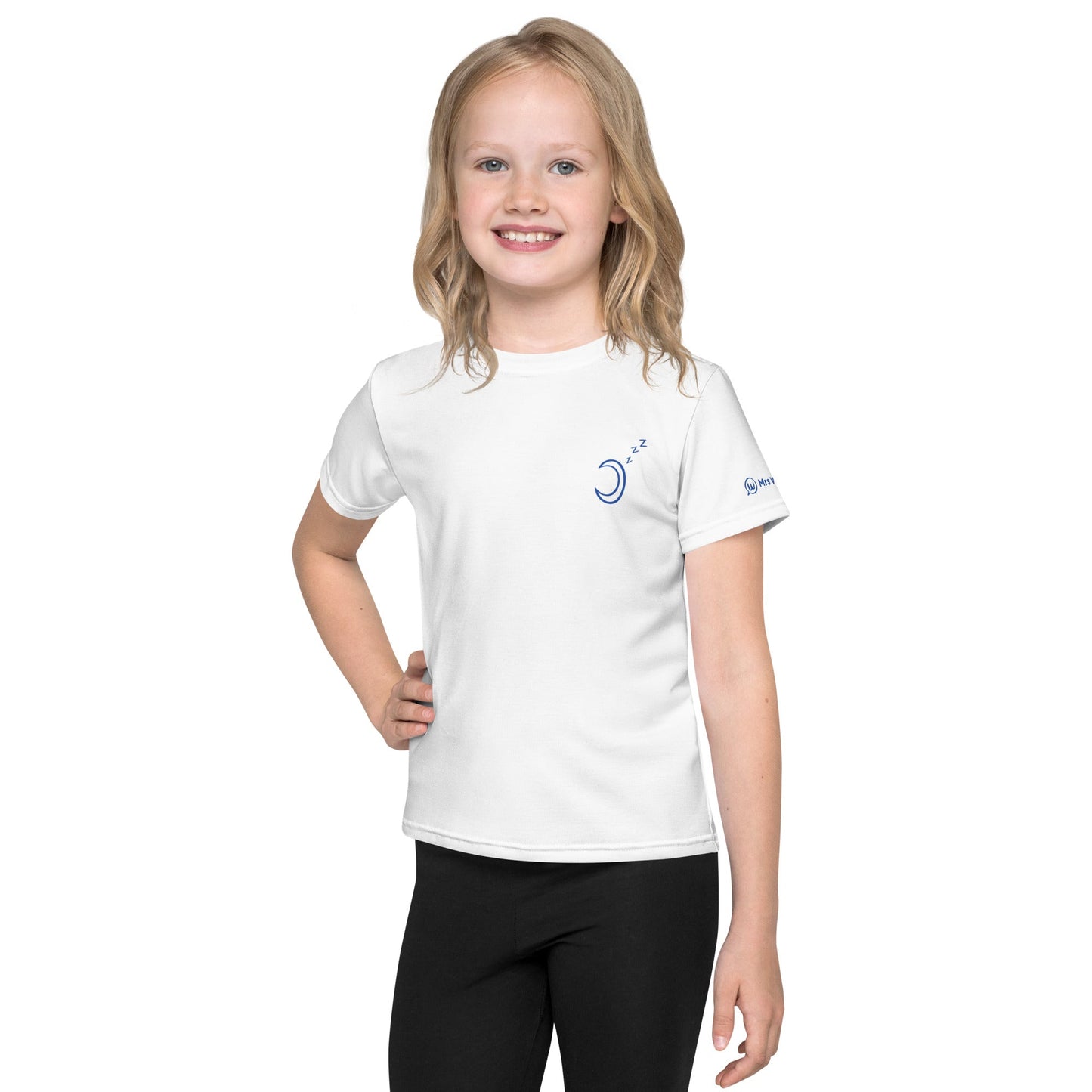 White kids' crew neck t-shirt with all-over print, front view.