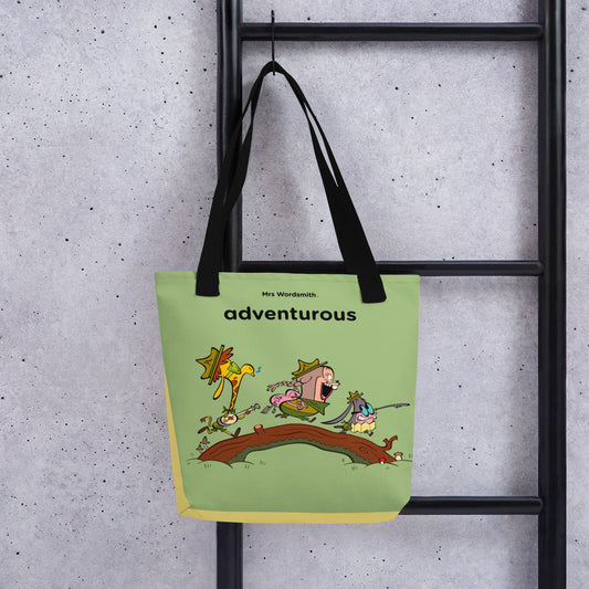 Black 15x15 tote bag with adventurous cartoon print