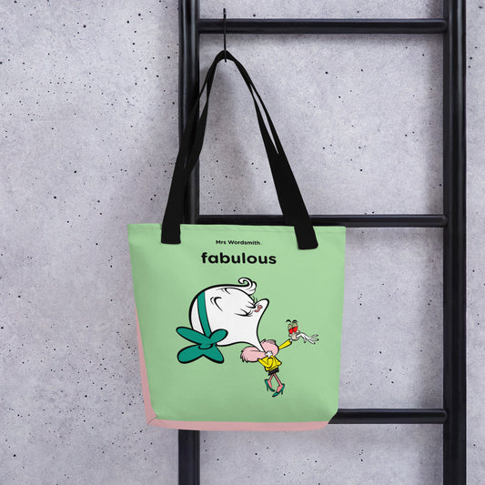 Black tote bag with fabulous print, front view.