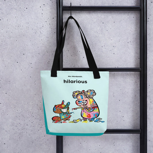 Black 15x15 all-over print tote bag with hilarious cartoon design