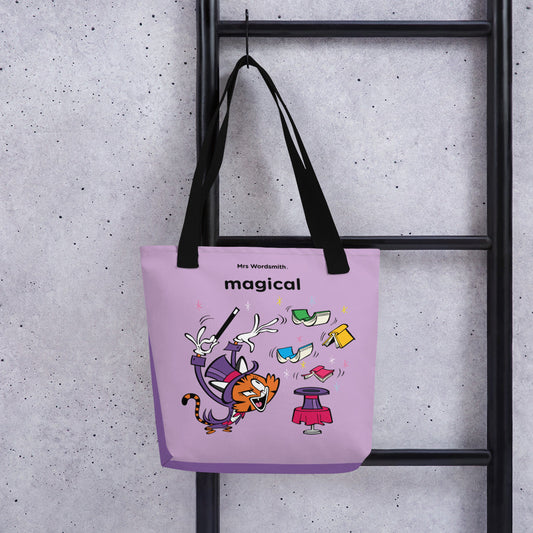 Black 15x15 all-over print tote bag with magical cartoon design