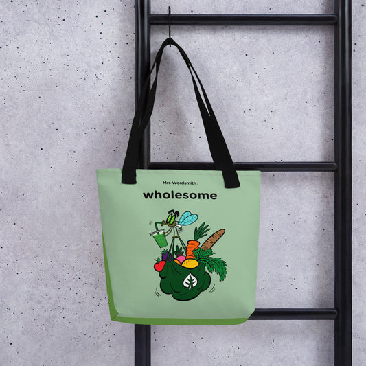 Black 15x15 all-over-print tote bag with wholesome design