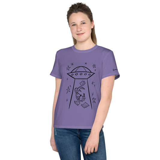 Youth white t-shirt with alien design, front view.