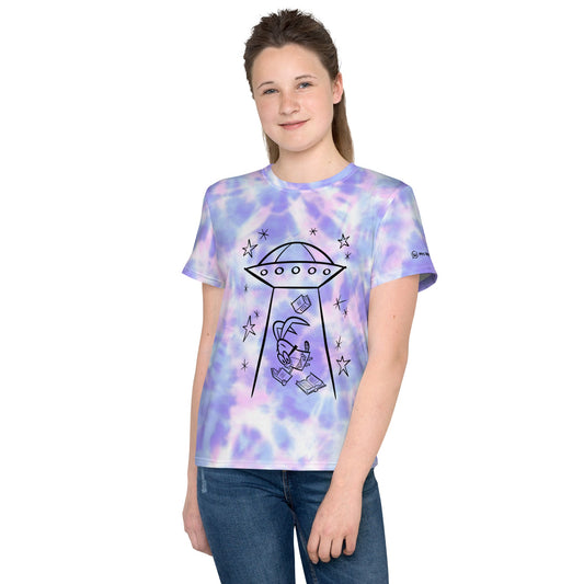 Youth white front tie dye t-shirt with alien bunny print