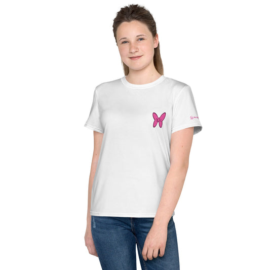 Youth white crew neck t-shirt with pink butterfly