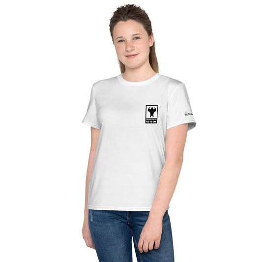 White youth crew neck t-shirt front with gym logo
