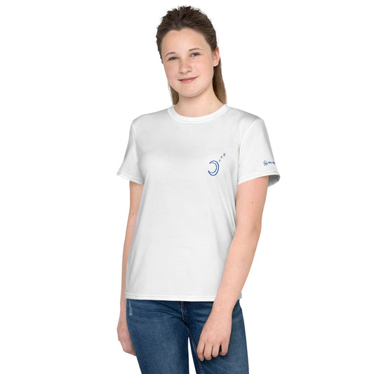 Youth white crew neck t-shirt with design, front view