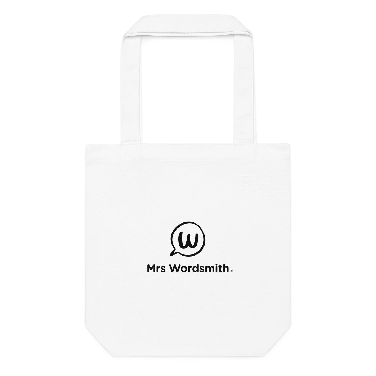 White cotton tote bag with Mrs. Wordsmith logo