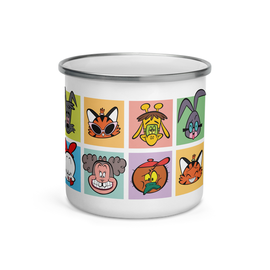 White 12oz enamel mug with cartoon animal faces.