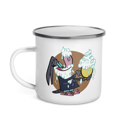 White 12oz enamel mug with cartoon character