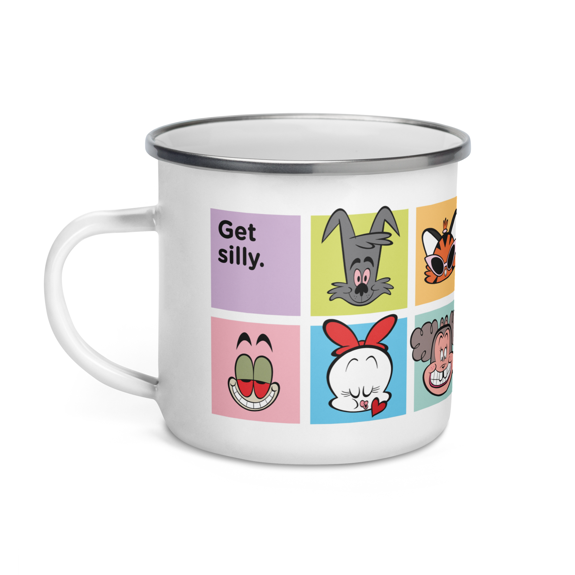 White enamel mug with Get Silly cartoon faces
