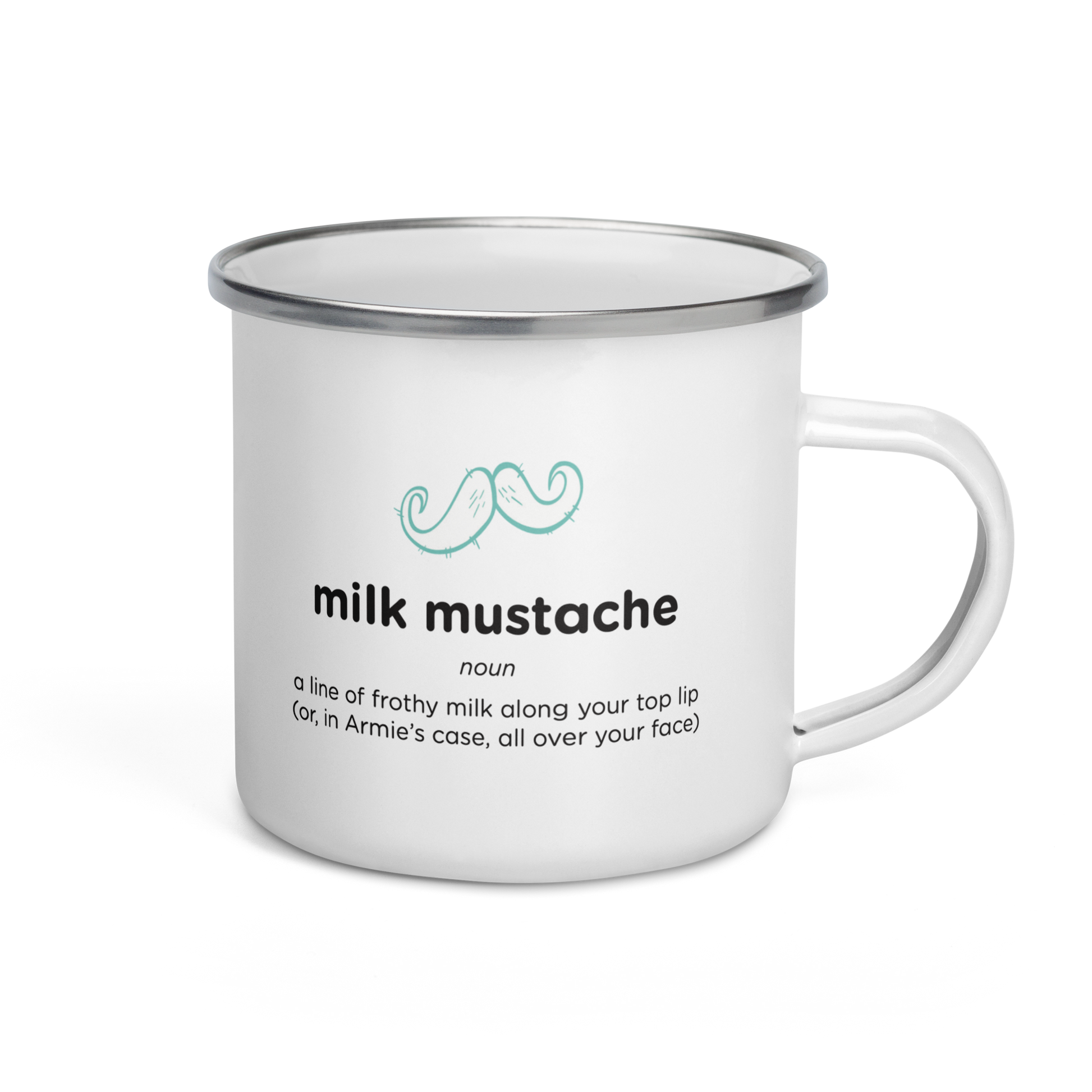 White enamel milk mustache mug