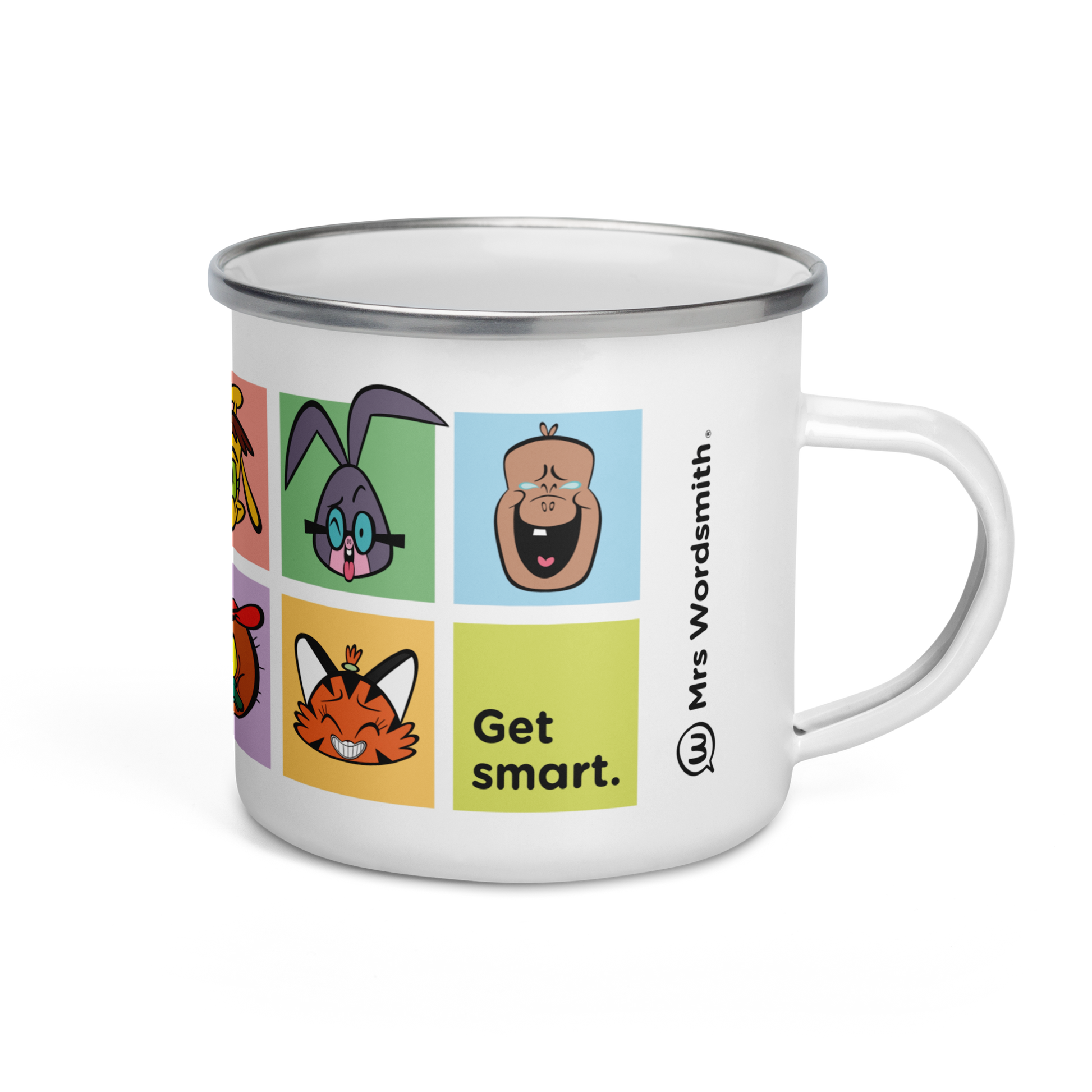 White 12oz enamel mug with cartoon characters, Get smart.