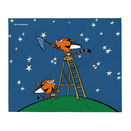 Throw blanket with cartoon tigers catching stars