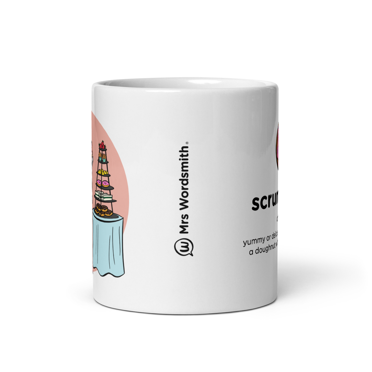 White glossy 11oz mug with Mrs. Wordsmith design, front view.