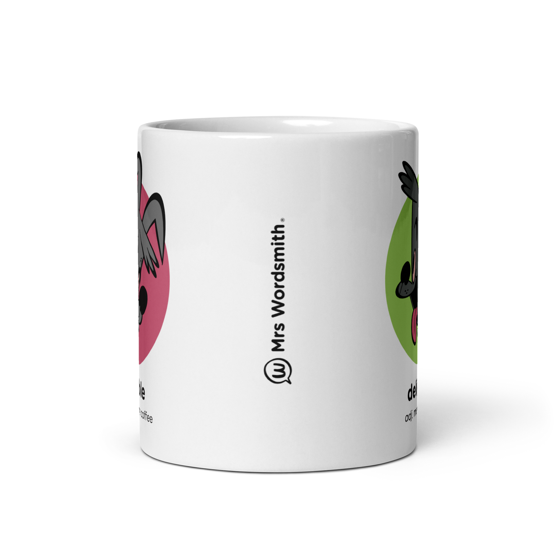White glossy 11oz mug with cartoon design - front view