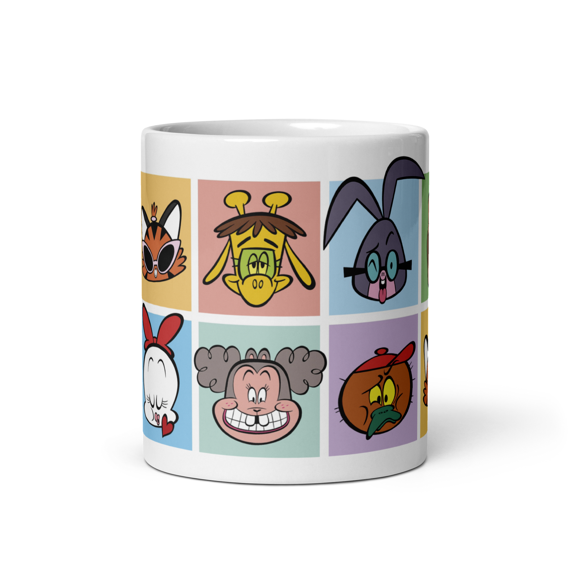 White glossy 11oz mug with cartoon faces, front view.
