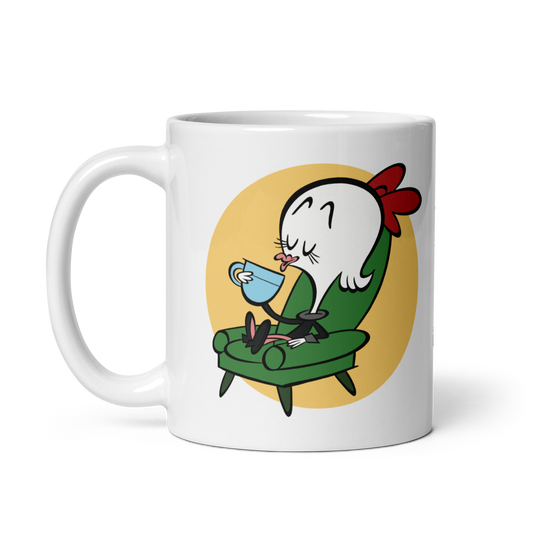 White glossy 11oz mug with cartoon character, handle left.