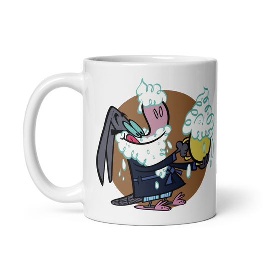 White 11oz glossy mug with cartoon bunny design, handle on left.