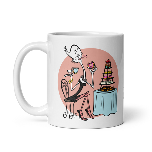 White glossy 11oz mug with cartoon lady eating donuts.