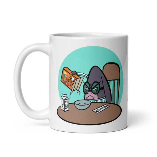 White glossy 11 oz mug with Patrick Star pouring cereal