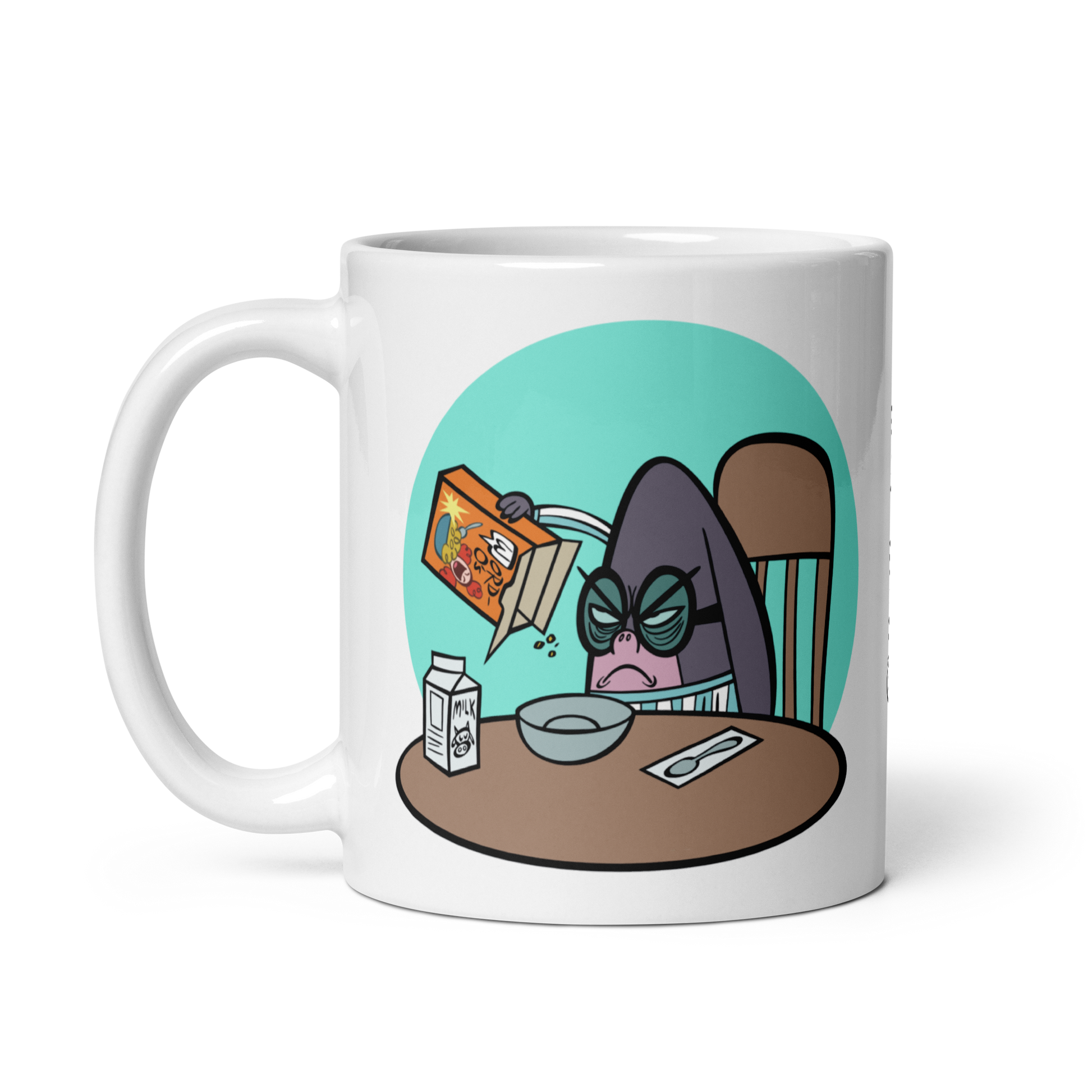 White glossy 11 oz mug with Patrick Star pouring cereal