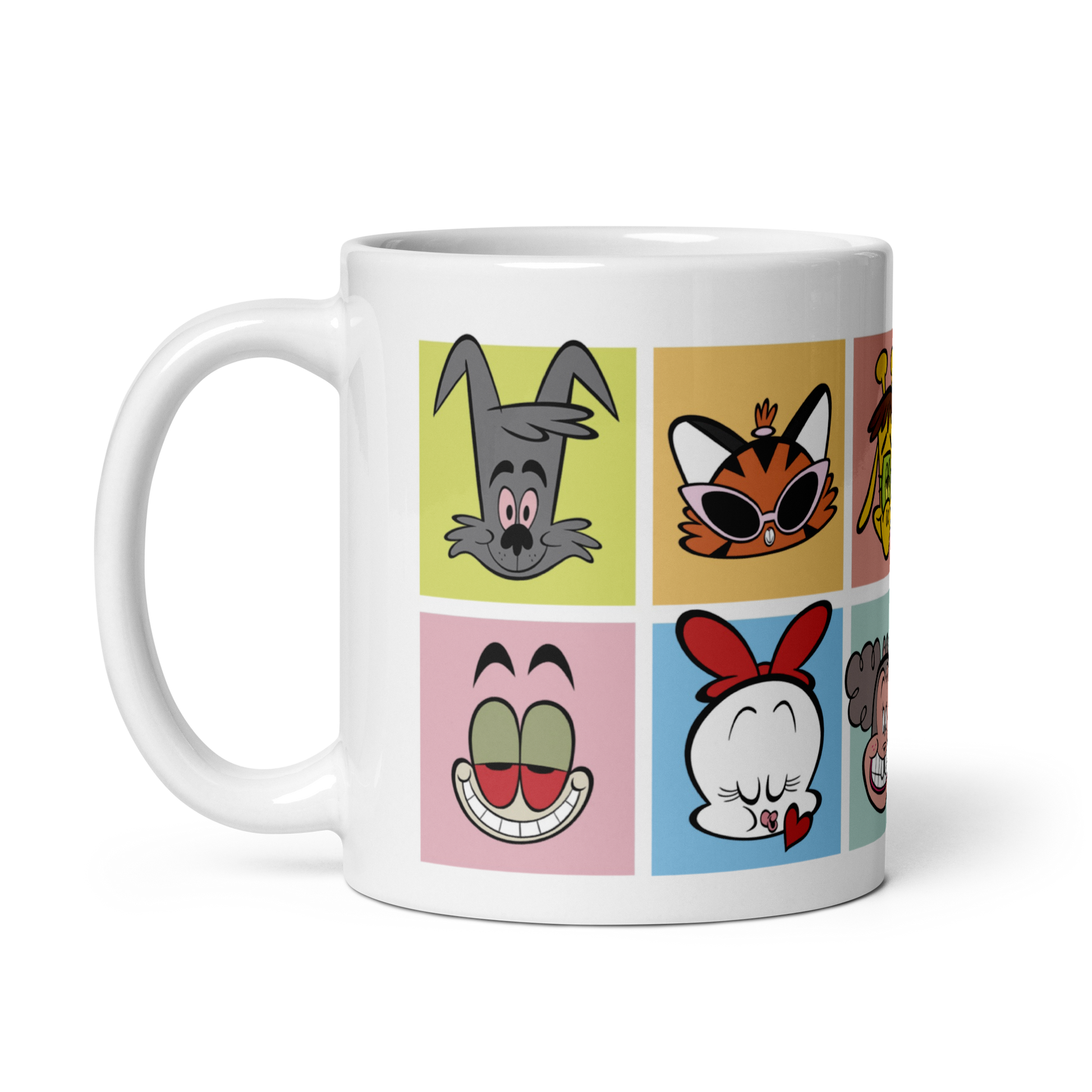 White glossy mug with cartoon character faces, 11 oz, handle on left.
