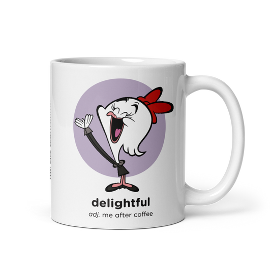 White glossy 11oz mug with delightful cartoon.
