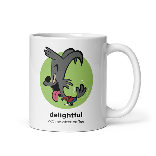 White glossy mug with delightful cartoon design, right handle