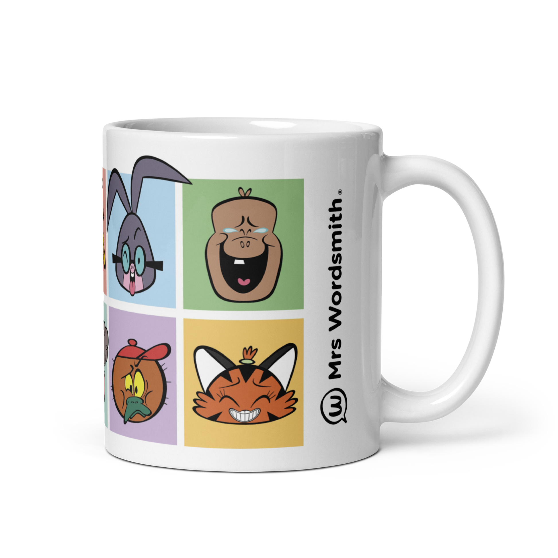 White glossy 11oz mug with cartoon faces, handle on right.